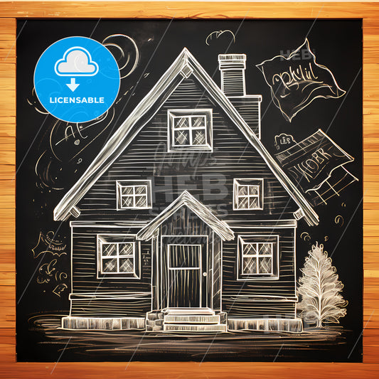 Chalk Drawing Of A House On A Chalkboard