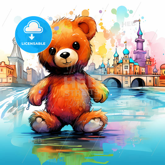 Cartoon Of A Teddy Bear In Front Of A City