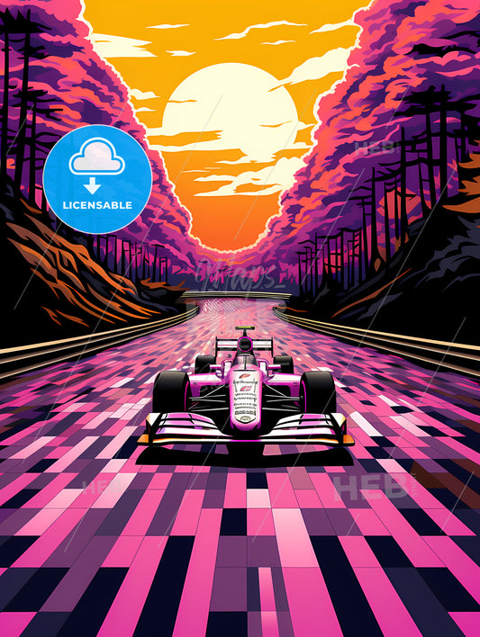 Race Car On A Road With Trees And A Sunset