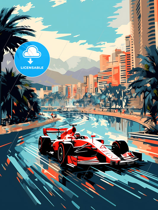 Race Car On A Road With Palm Trees And Mountains In The Background