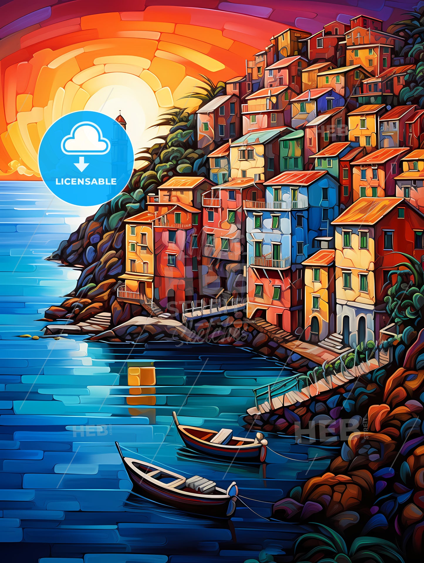 Painting Of A Colorful Town On A Hill With Boats On The Water