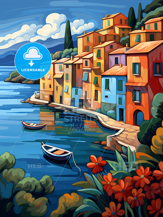 Painting Of A Colorful Town By A Body Of Water