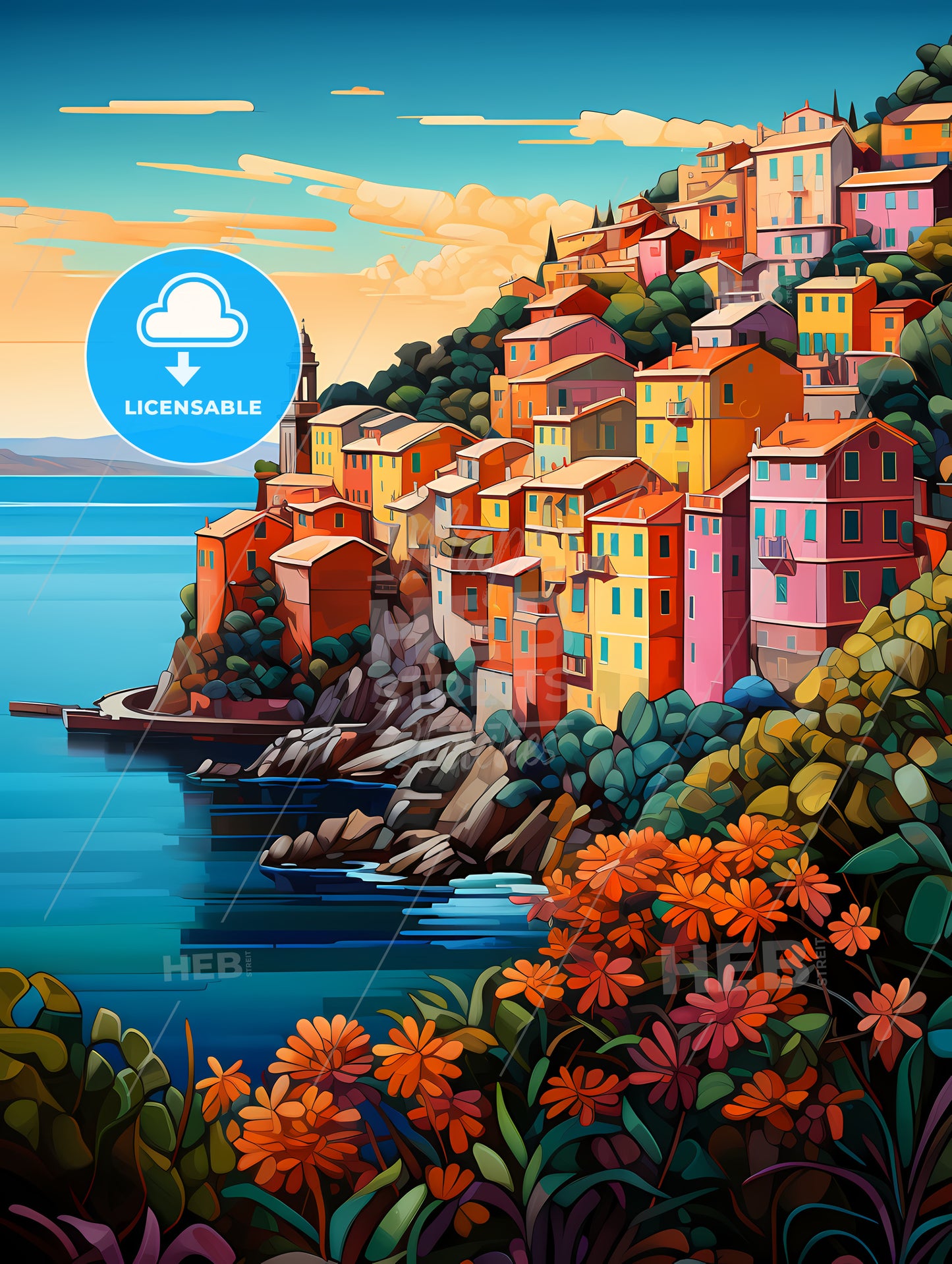 Colorful Buildings On A Hill By The Water With Cinque Terre In The Background