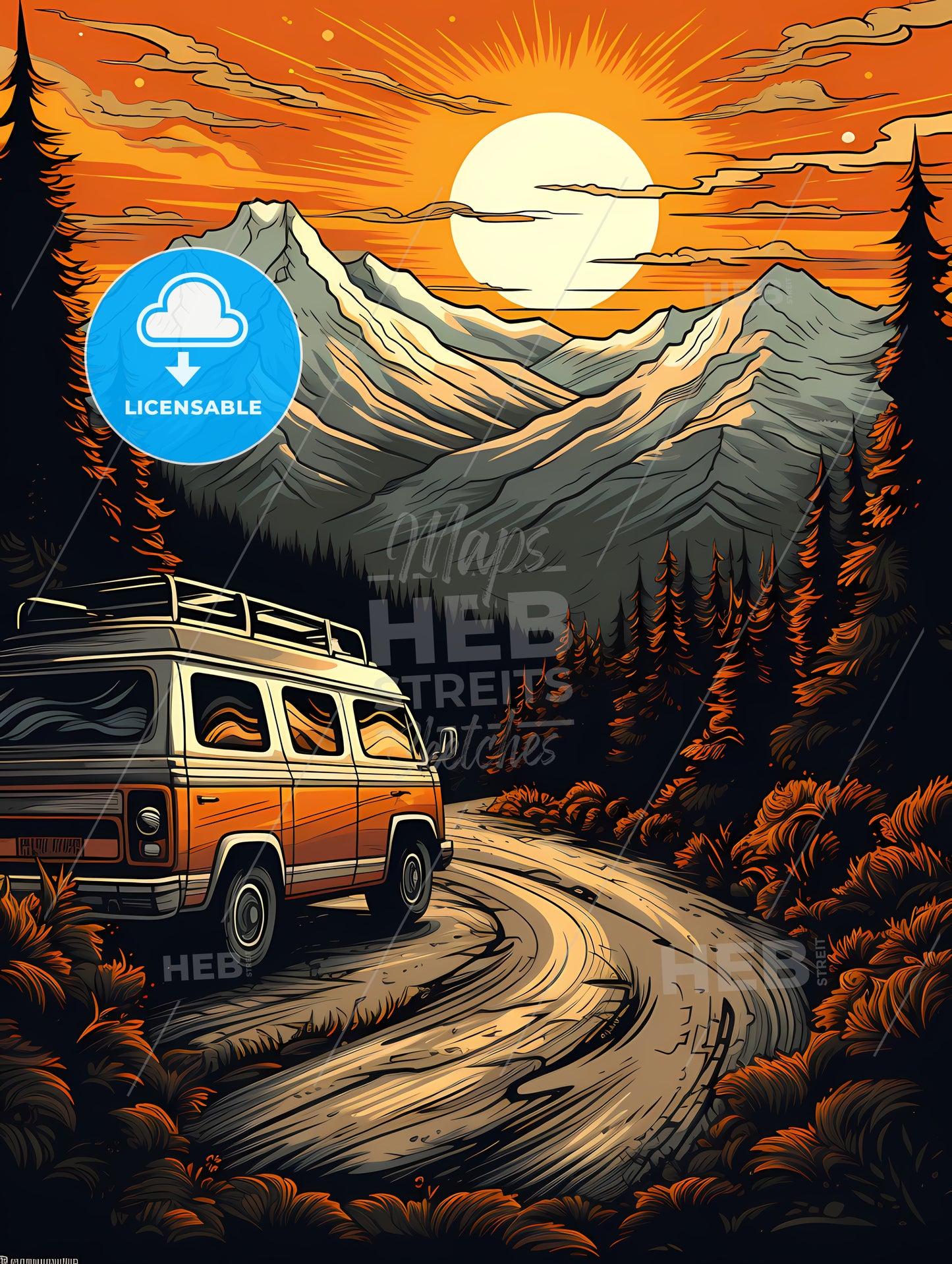 Van Driving On A Road In Front Of Mountains