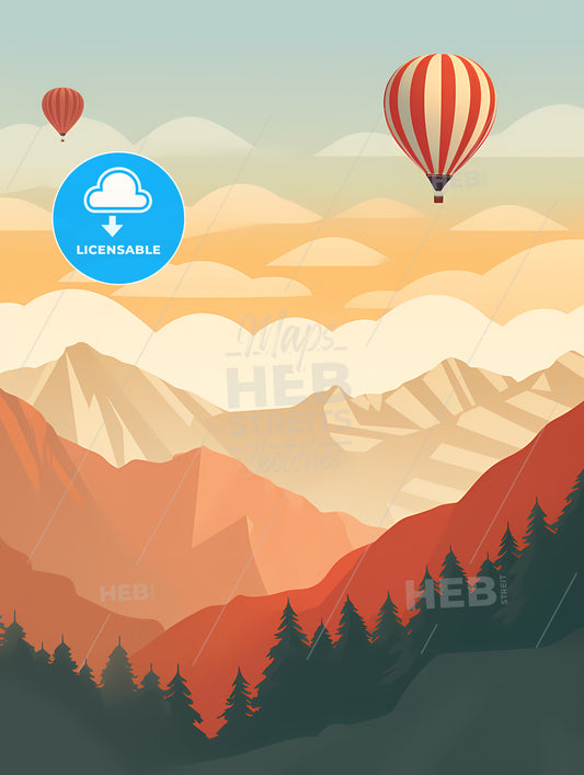 Landscape With Mountains And Hot Air Balloons