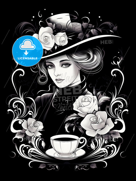 Woman In A Hat With Roses And A Cup Of Coffee