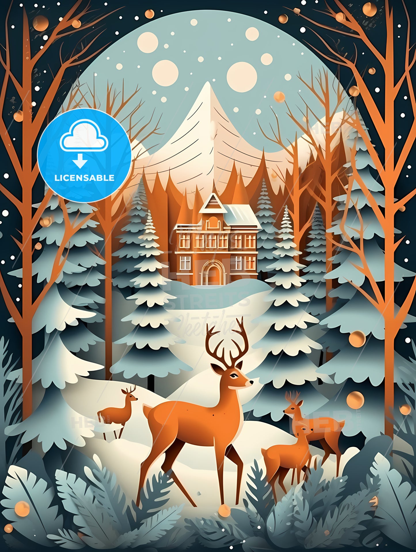 Group Of Deer In A Snowy Forest