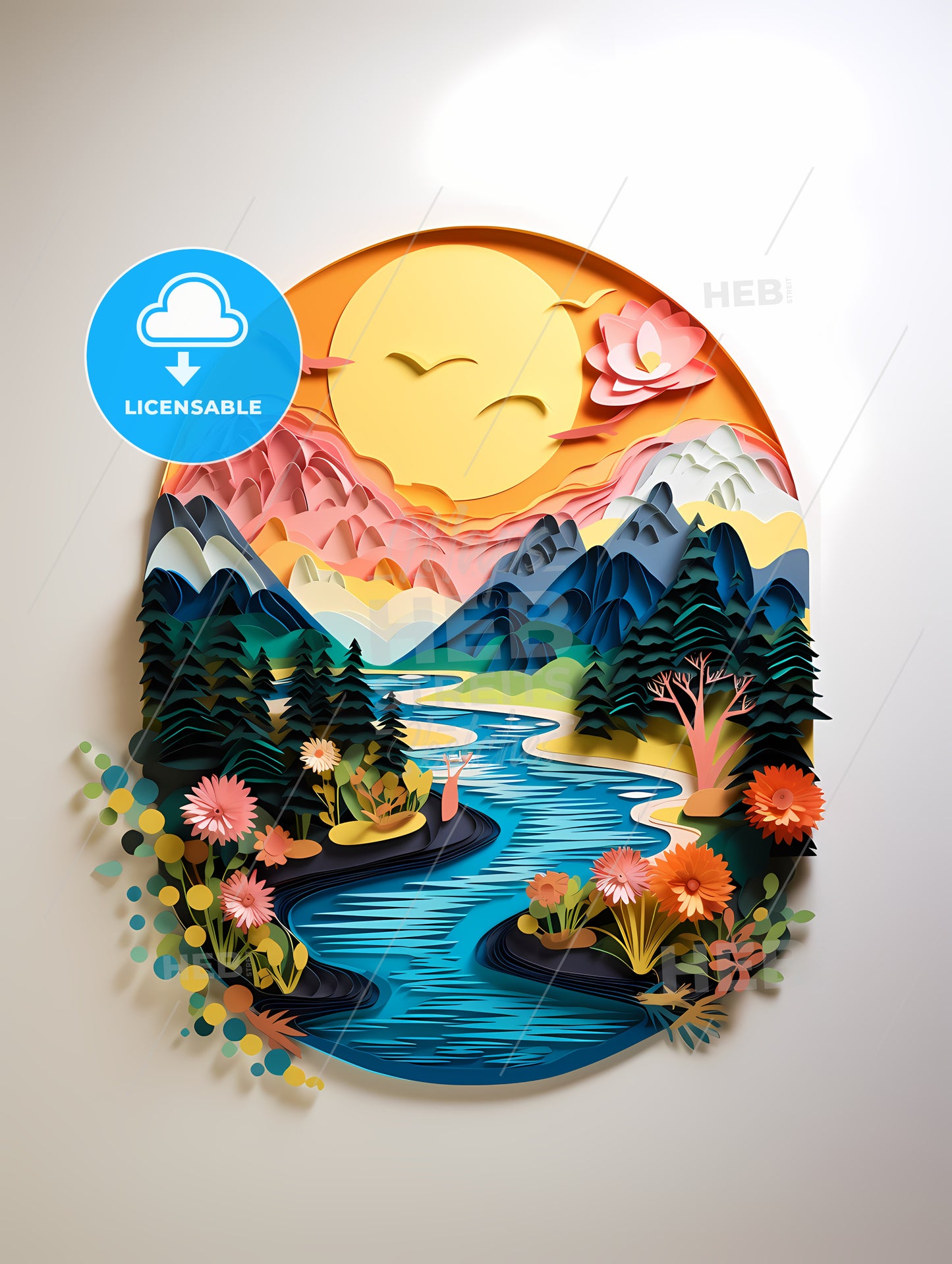 Paper Cut Out Of A River With Flowers And Mountains