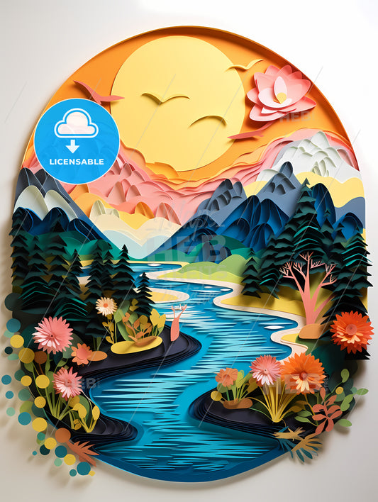 Paper Cut Out Of A River With Flowers And Mountains