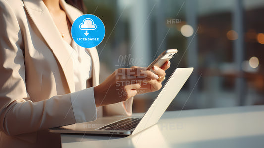 Woman Holding A Phone And Using A Laptop