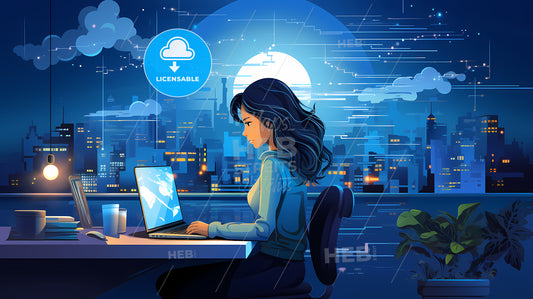 Woman Sitting At A Desk With A Laptop In Front Of A City Skyline