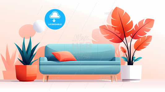 Blue Couch With A Red Pillow And Orange Leaves In A Room