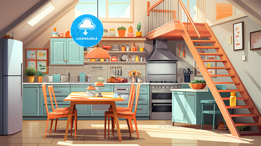 Kitchen With Blue Cabinets And A Table And Chairs