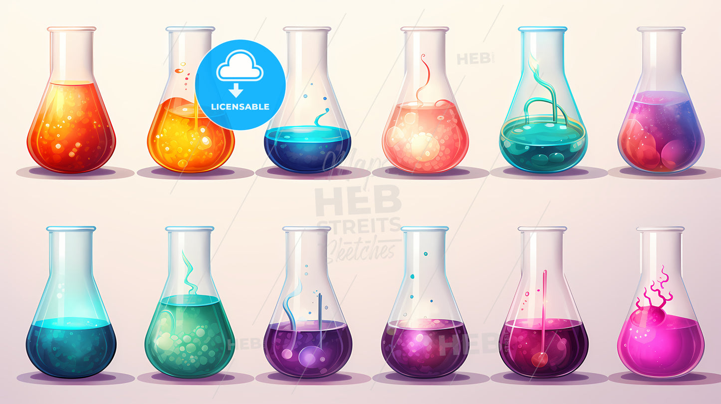 Group Of Glass Beakers With Different Colored Liquids