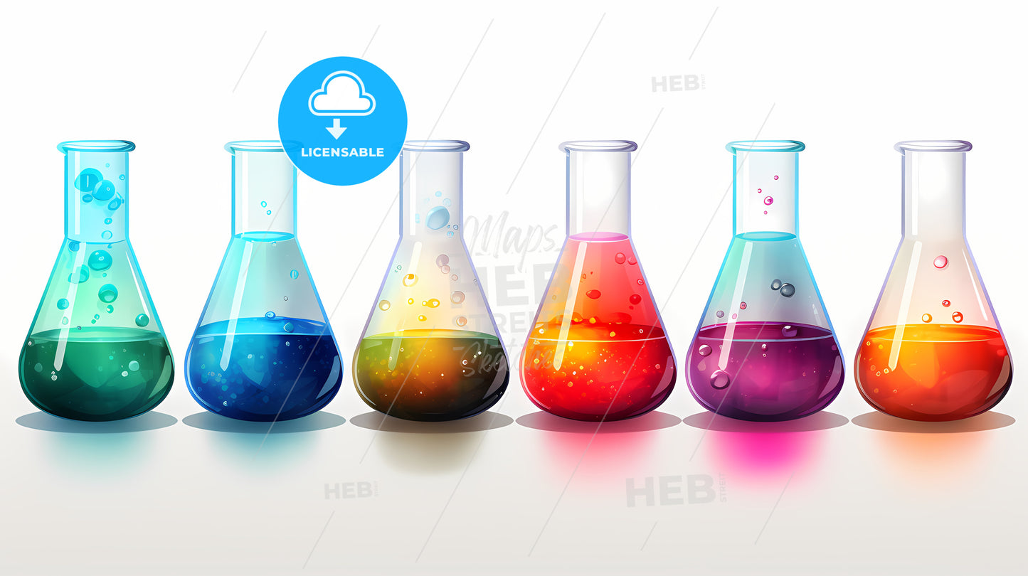 Row Of Beakers With Different Colored Liquids