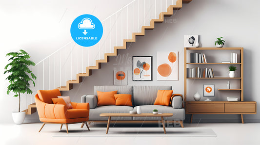 Living Room With Orange And Grey Furniture