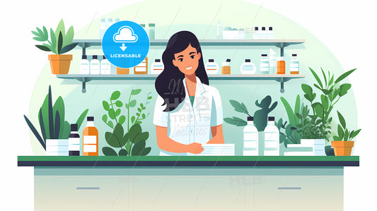 Woman Standing Behind A Counter With Bottles And Plants