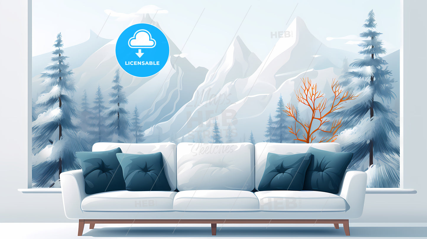 White Couch With Blue Pillows And Trees In Front Of Mountains