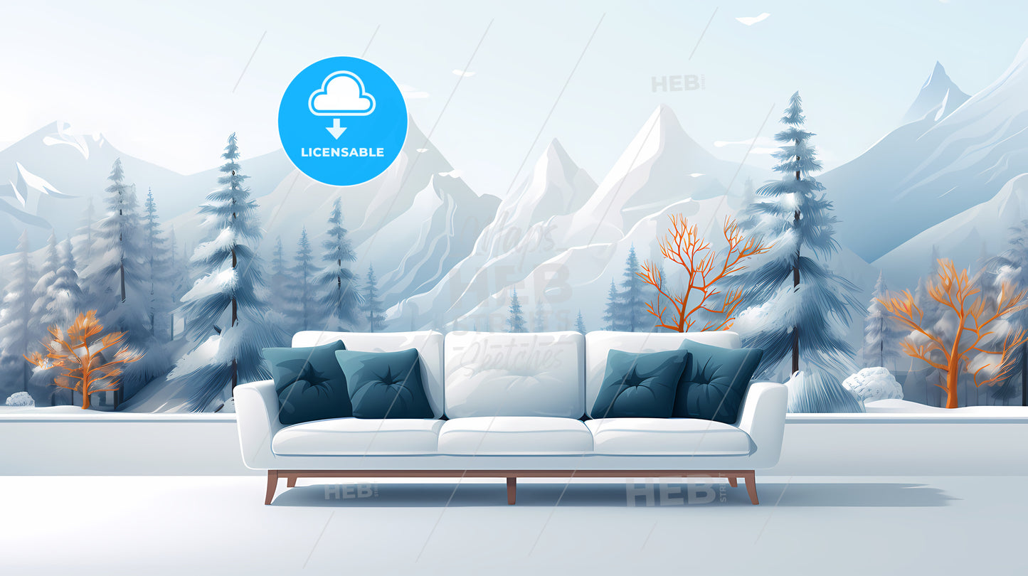 White Couch With Blue Pillows And Trees In Front Of A Snowy Mountain