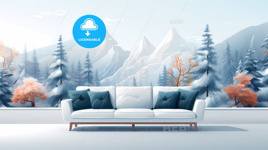 White Couch With Blue Pillows And Trees In Front Of A Snowy Mountain