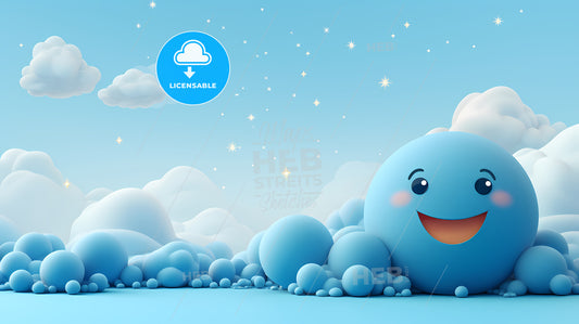 Cartoon Blue Ball With A Smiling Face Surrounded By Clouds