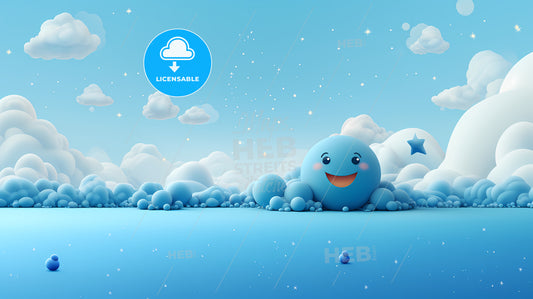 Cartoon Blue Ball With A Smiling Face Surrounded By Clouds