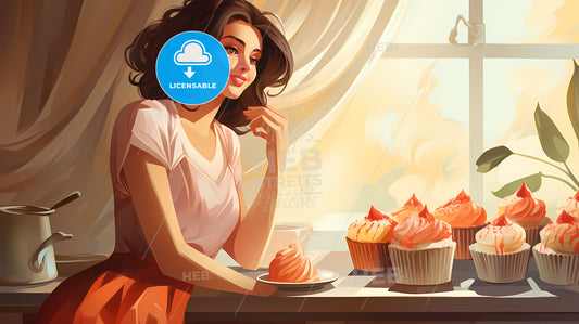 Woman Sitting At A Table With Cupcakes