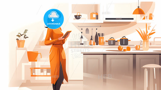 Woman In An Orange Robe Holding A Tablet In A Kitchen