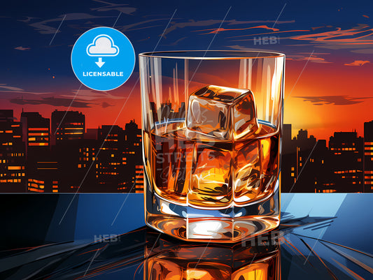 Glass Of Whiskey With Ice Cubes In Front Of A City Skyline