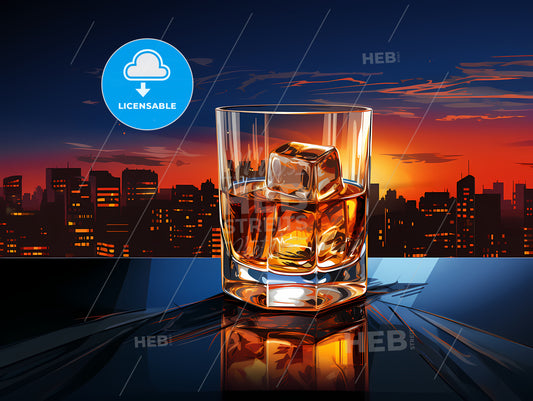 Glass Of Whiskey With Ice Cubes In Front Of A City Skyline