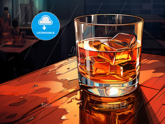 Glass Of Whiskey With Ice Cubes On A Wooden Surface