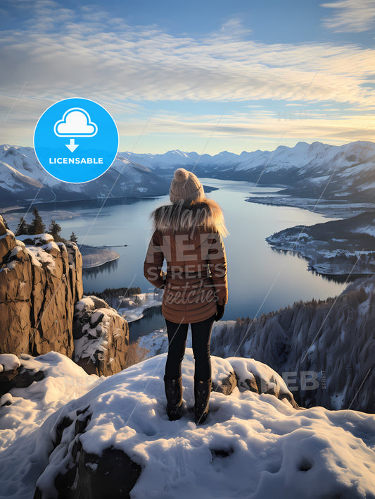 Woman Standing On A Mountain Looking At A Body Of Water