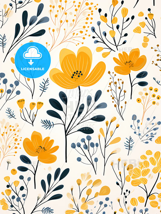 Pattern Of Yellow Flowers And Blue Leaves