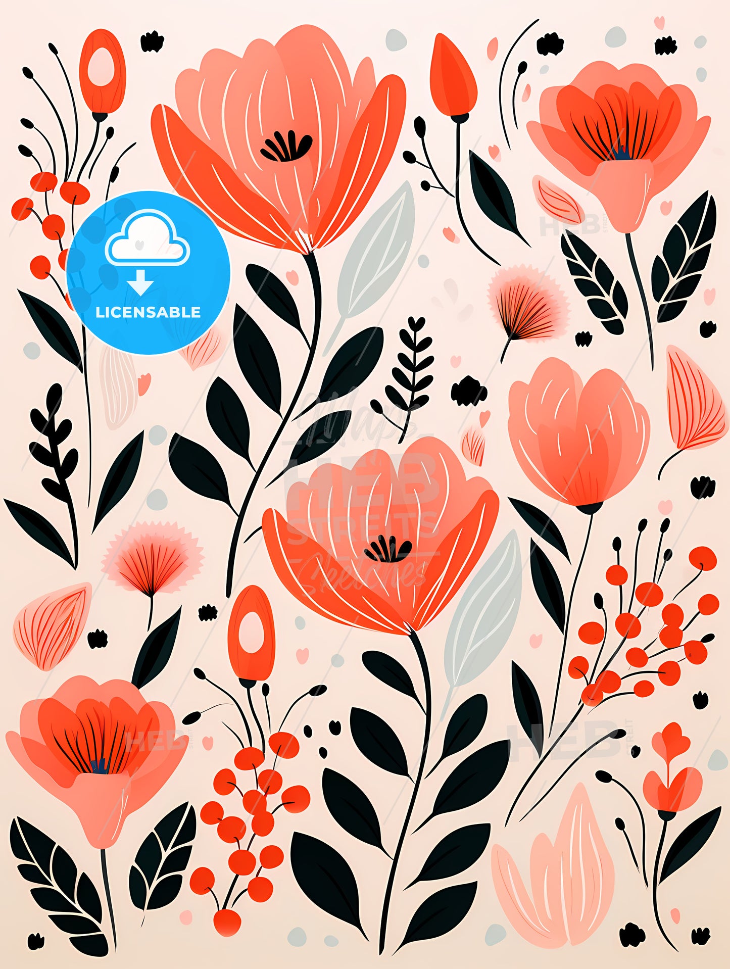 Colorful Floral Pattern With Black Leaves And Flowers