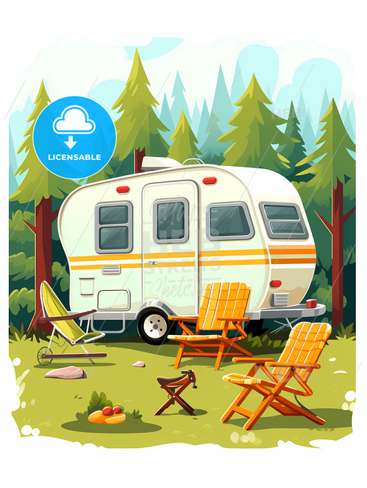 Camper Trailer And Chairs In A Forest