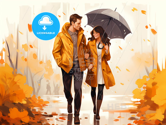 Man And Woman Holding Hands And Walking In The Rain
