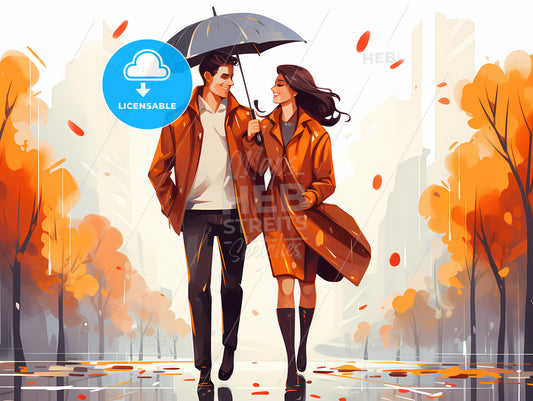Man And Woman Walking Under An Umbrella