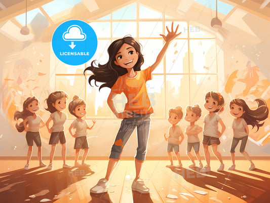 Cartoon Of A Girl Waving In A Room With Many Children
