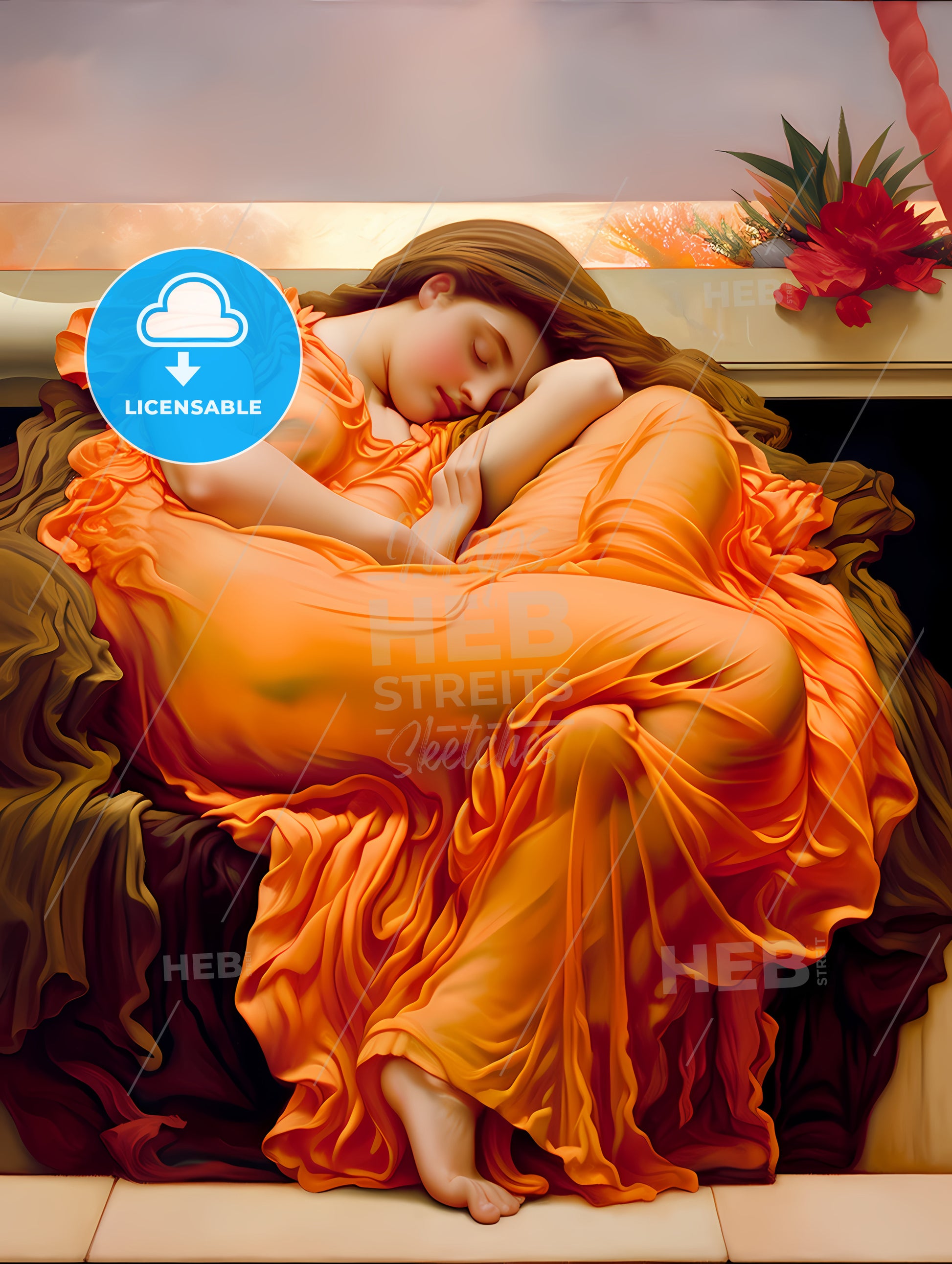 painting woman sleeping orange dress Amazon.com: Sir Frederic Leighton Flaming June 1895 Oil Painting Woman Sleeping Oleander Branch Black Wood Framed Wall Art 14x20