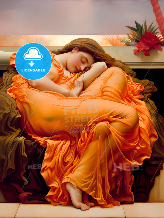 Woman In An Orange Dress Sleeping On A Couch