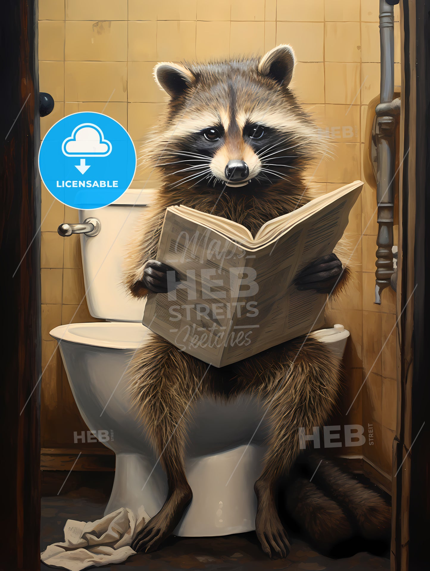 Raccoon Sitting On A Toilet Reading A Newspaper