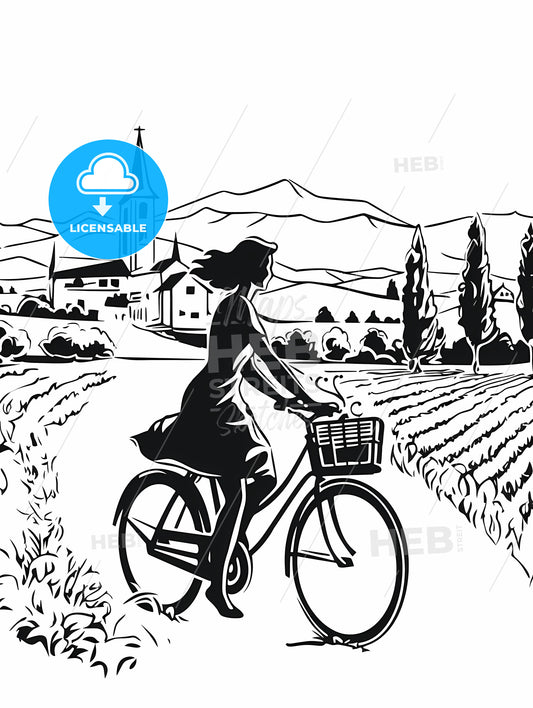 Woman Riding A Bicycle In A Vineyard