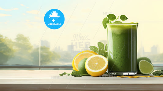 Glass Of Green Smoothie With Lemons And Mint Leaves
