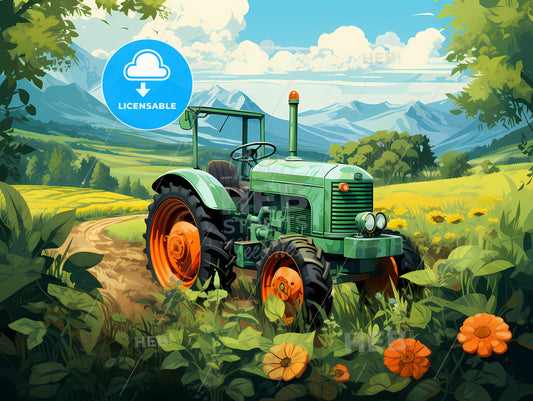 Green Tractor On A Dirt Road Surrounded By Flowers