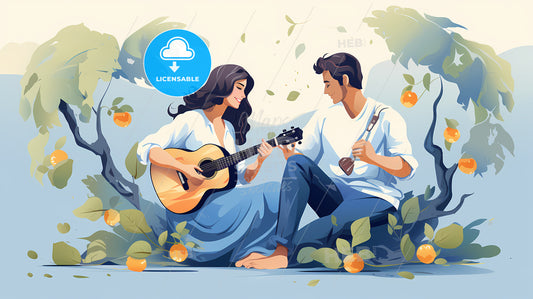 Man And Woman Sitting On The Ground Playing Guitar