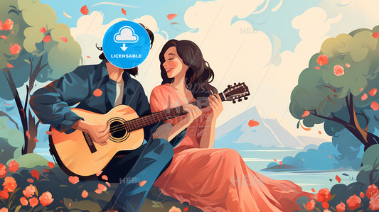 Man And Woman Sitting On A Rock Playing Guitar