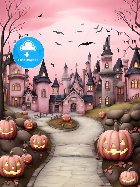 Pink Castle With Pumpkins And Bats