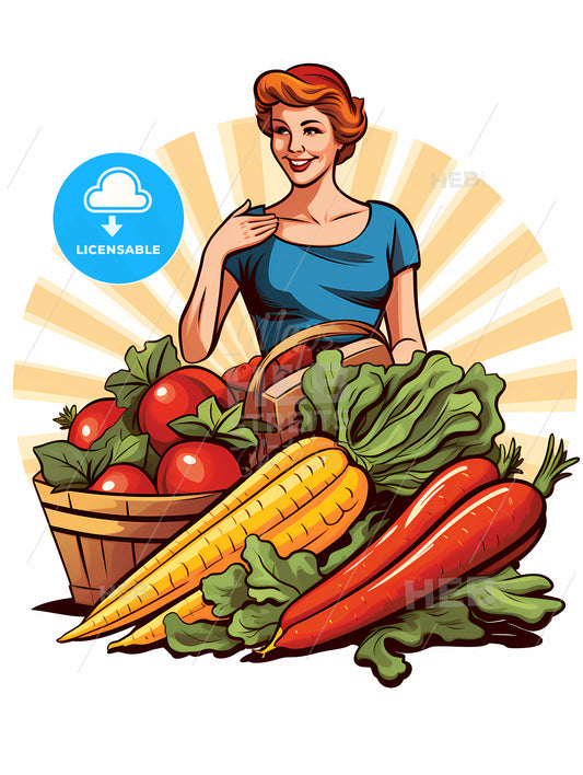 Woman Standing Next To A Basket Of Vegetables