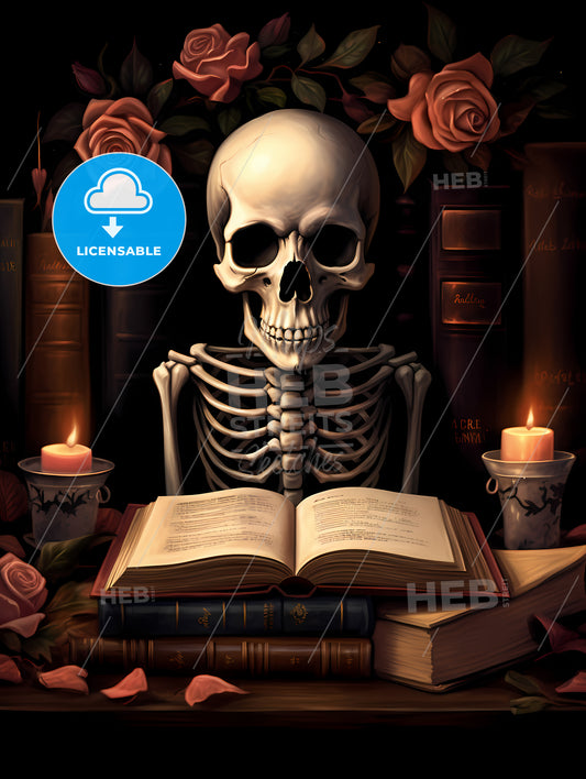 Skeleton Sitting In Front Of A Book And Candles