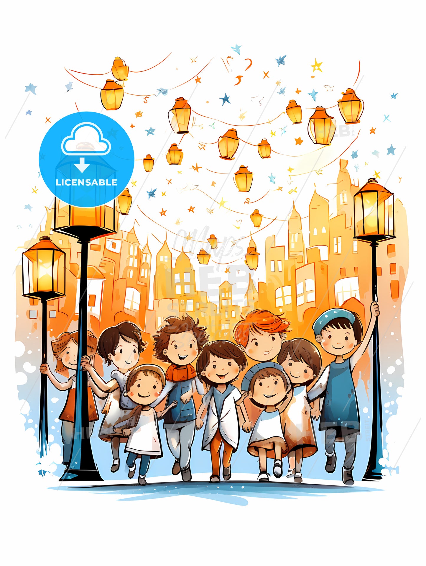 Group Of Children Walking On A Street With Lanterns